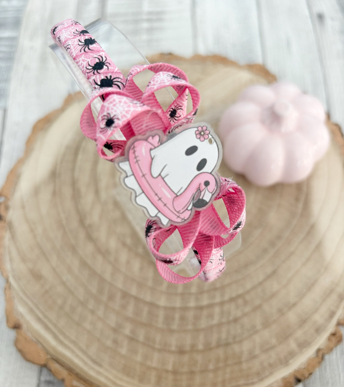 Pink spider Halloween thin hairband handmade by Buttons and Bows view 2