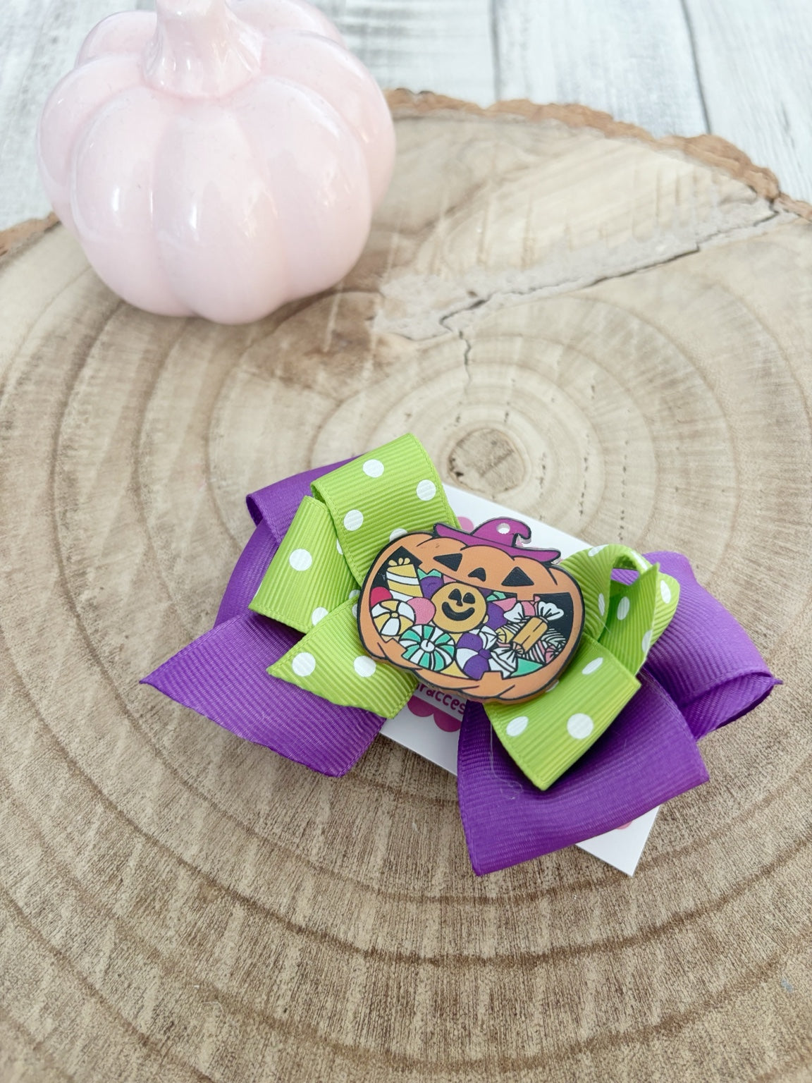 Purple and green Halloween candy pumpkin single bow handmade by Buttons and Bows view 2