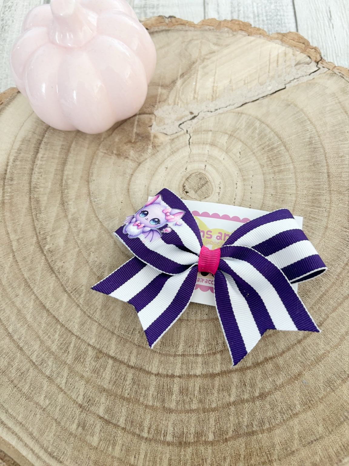 Purple and white striped Halloween single bow with cute bat embellishment