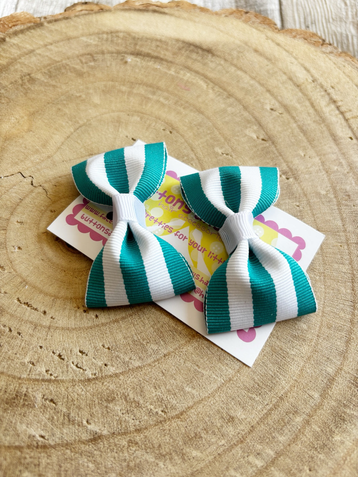 Teal and white striped bow hair clip set by Buttons and Bows