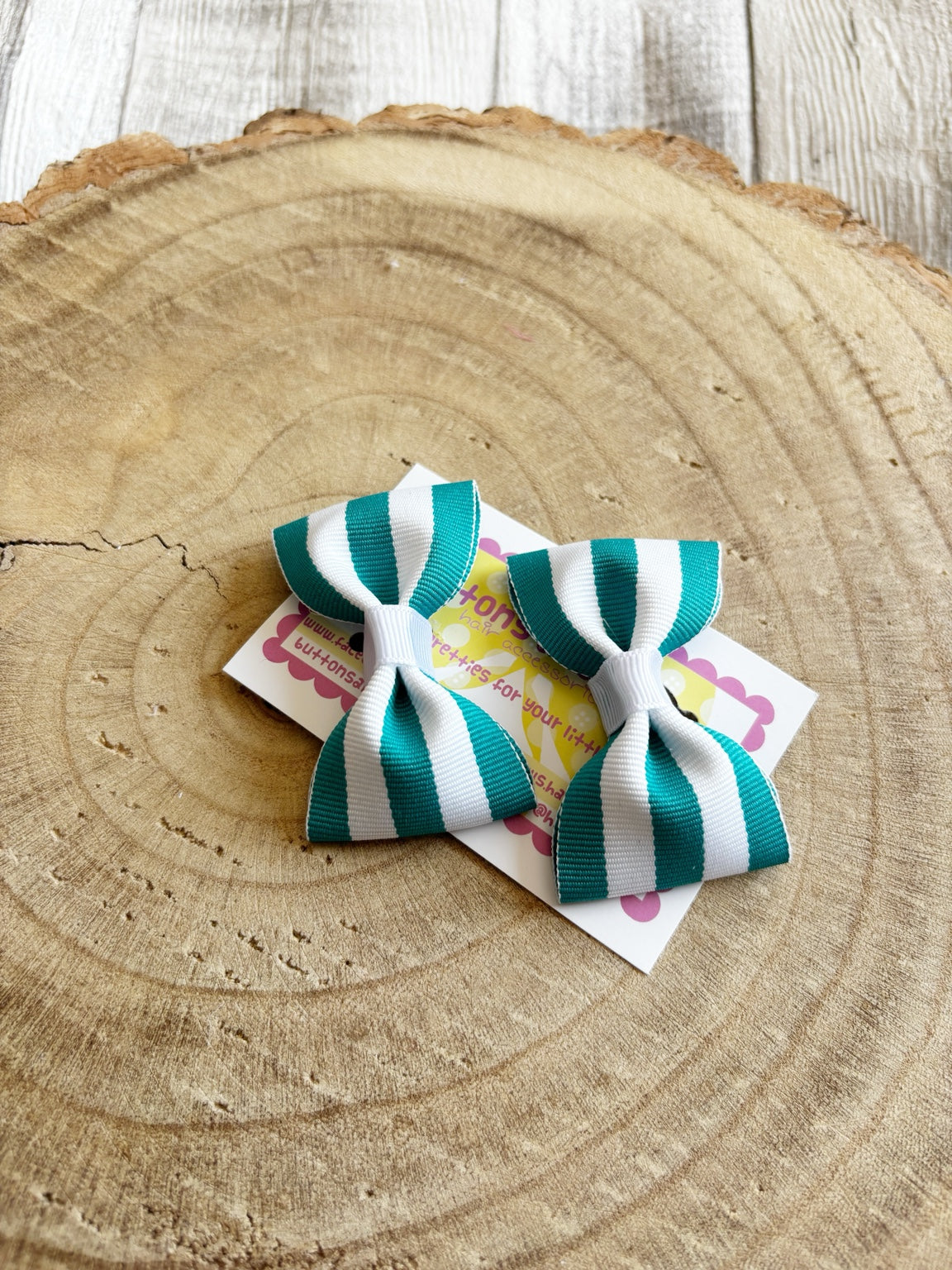 Teal and white striped handmade hair bow set